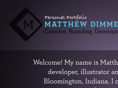 MatthewDimmett.com black blue bradley hand itc dark neutraface slab text personal portfolio purple white