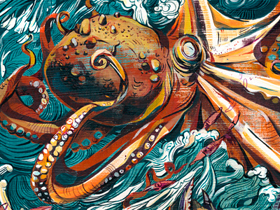 Octopus Battle! acrylic animals art colorful crab giant illustration illustrations ink jacqui monsters movement oakley octopus painting sea texture violence zoo