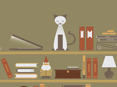 Mind Games binders books brown cat green illustration red shelves