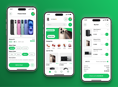 E-Commerce App Design app ecommerce figma green ios iphone mobile online photoshop product design store ui uiux ux