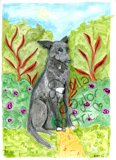 Zoe in the Garden painting pet watercolour