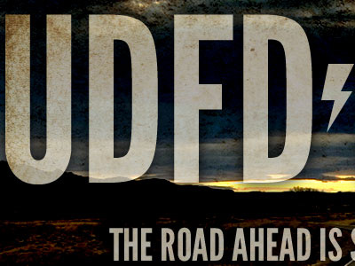 UDFD big text blue grunge orange sky vintage yellow