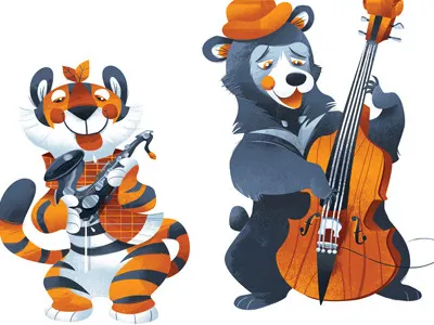 Charlie Bear & Drooly bear double bass illustration jazz saxophone tiger