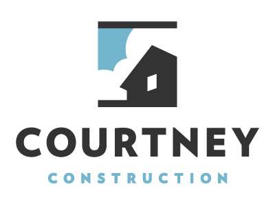 Courtney Construction logo black blue building cloud construction gray home house iconic logo rectangle residential roof sans serif scene simple sky square window