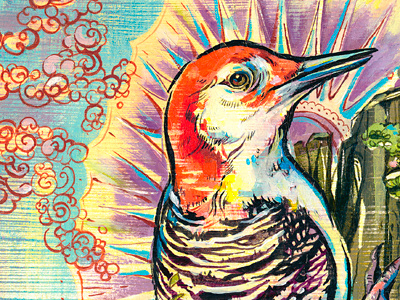 Divine Woodpecker acrylic birds colorful editorial illustration illustrations ink painting pattern texture