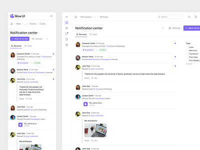 Notification center template made with Glow UI 1.6 activity design system glow ui notification notifications settings template ui ui kit ui template ux