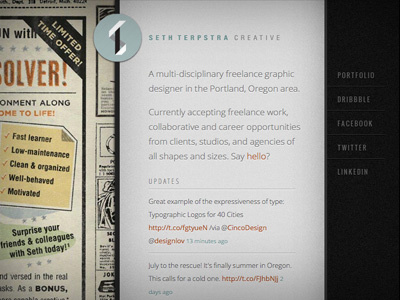 New front page @ sethterpstra.com newspaper texture vintage web design