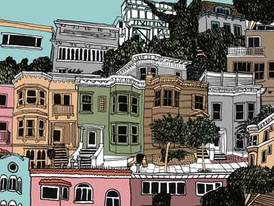 A little sneak peek at our new San Francisco Art Print. hand drawn hero design studio hill houses illustration line work san francisco screen print screenprint silkscreen sky