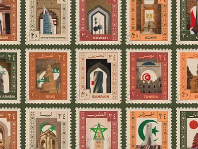 Countries Stamp Collection arab world arabic cities countries cultures design digital art graphic design heritage illustration illustrator nations people photoshop poster stamp traditions vector vintage visual art