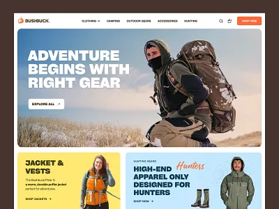 Bushbuck - Camping & Hunting accessory e-commerce website Rylic 3d adventure animation camping darkmode ecommerce gear graphic design hunting minimal motion graphics nature outdoor responsivedesign shopify survival ui uiux webdesign wilderness