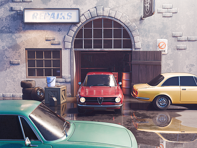 Retro Garage Illustration 🍀 3d alfa romeo blender cars diorama garage illustration render