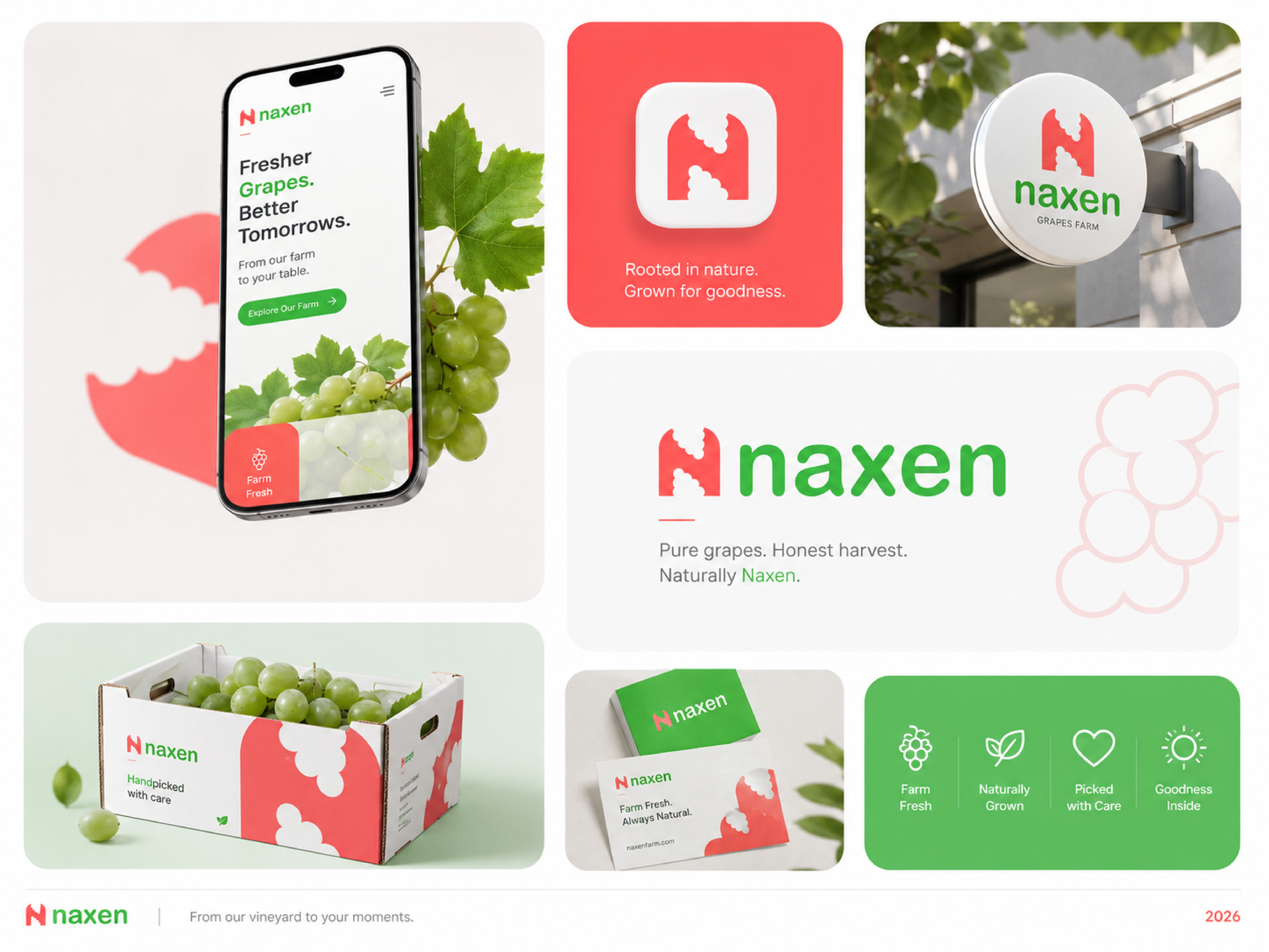 Logo design for a grapes farm called "Naxen" abstractlogodesign bangladeshilogodesigners brandidentitydesign brangladeshilogodesignagency dribbblelogodesign farmlogo fullbrandguidelines grapesfarmlogodesign lettermarklogodesign naturallogo organiclogo simplelogodesign tisigners