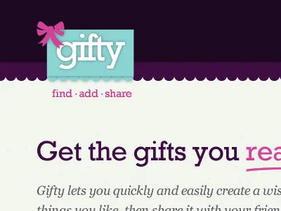 Gifty web app border identity logo pink purple ribbon shape teal typography website