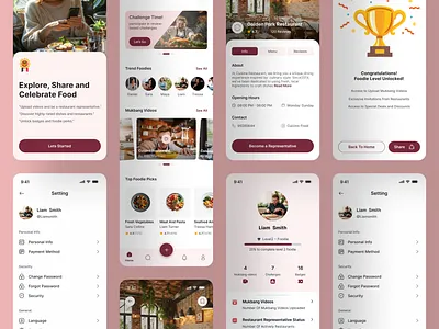 Food App app brown cart conragulations food food app menu bar minimal mobileapp prize profile restaurant setting ui ui app uiux welcomepage