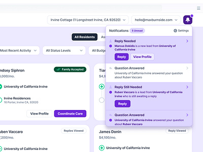 Pam - Notifications Panel app badge bell call to action dropdown filter health healthcare hospice medical notification rcfe saas select settings snf tab tag ui web