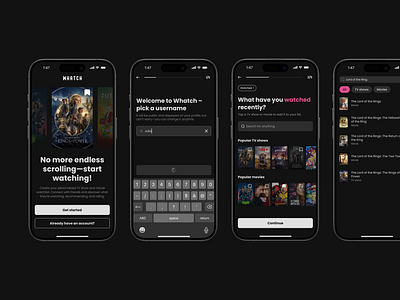 Onboarding Experience for Whatch App 🎬 clean design dark design figma design ios mobile app mobile onboarding movies onboarding product design tv ui user retention ux