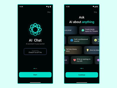 Onboarding for AI Chatbot ai chatbot mobille interface ui