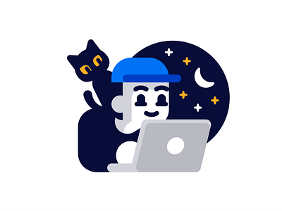 Night coder artist branding cartoon cat character code coding designer digital flat funny illustration laptop logo mascot moon night sticker vector work