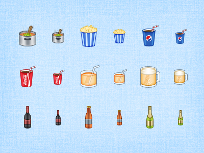 Drinks - Mantra Icons WIP 6 32px 48px beer beer bottle bottle champagne bottle coca cola coke cooker icons juice pepsi popcorn wine bottle