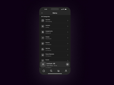 A Mock Design - Categories Section - Education App dark dark mode education learning app mobile app player study ui ux