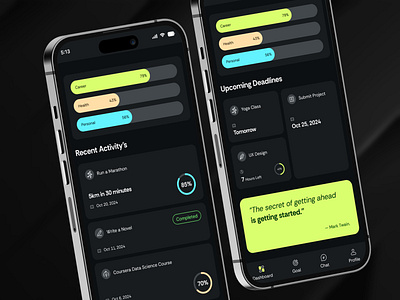 Goal Management and Sharing App -Dashboard 3d animation dark mode app design goal management app goal sharing app graphic design mobile app mobile app ui design mockup motion graphics productivity app ui ui animation ui design ui ux design ux ux design