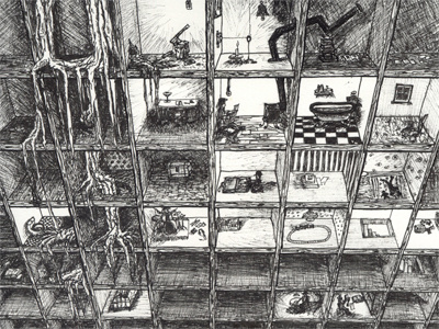 City on a Shelf illustration ink