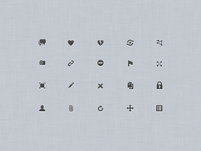 Interface / options icons for HyperWeek 16px comment delete edit expand file attached files flag full size like list move permalink reload secure send to album send to group share un like user wingardiumleviossa