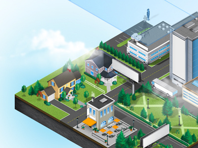 Media Landscape 3d buildings city clouds diagram isometric sky graphic