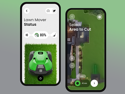 Smart Lawn Mower Control Interface advanced customization aerial view interface battery status monitoring clean design layout custom area selection efficient lawn care energy optimization tools green technology ui interactive map integration intuitive navigation iot device control lawn care app ui minimalist design modern lawn maintenance precision lawn cutting remote device management smart home integration smart lawn mower user friendly controls uxui