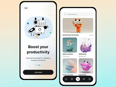 AI-Powered Productivity & 3D Illustration App 3d illustration gallery abstract art showcase ai app interface ai powered creative tools app gallery layout bottom navigation bar creative tools ui engaging uiux design friendly ai mascot integration generative art platform interactive art display minimalist onboarding modern app aesthetic productivity app design quick access features search friendly interface time stamped content ui uiux design user centric navigation visual exploration app