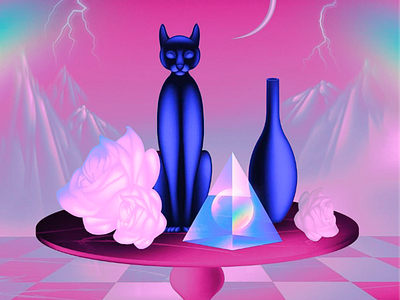 Mystical Cat Illustration animal animal illustration art art deco inspiration artistic artistic design artistic fantasy artwork cat cat illustration dark theme dreamlike atmosphere illustration mysterious mystical aesthetics mystical cat pink purple rose illustration roses