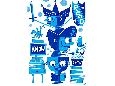 Read, Know, Grow children dragon knight library parrot reading