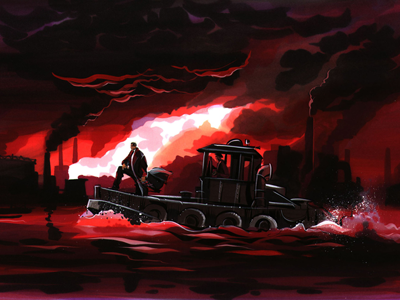 Tugboat boat dark illustration marker red smoke water