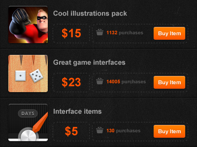 Items sales list dark ui items list orange sales user interface