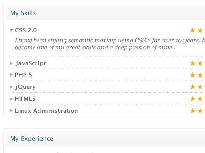 My Skills UI accordion box collapse expand menu stars sub header