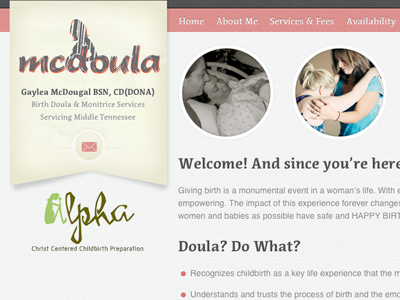 McDoula homepage probono salmon typekit website