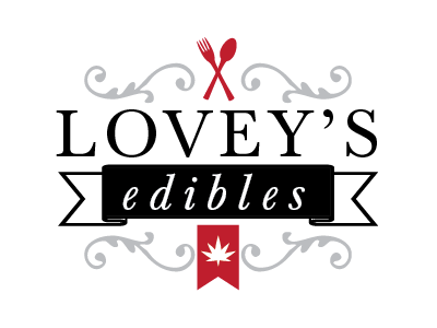 Lovey's Edibles black grey logo red ribbon