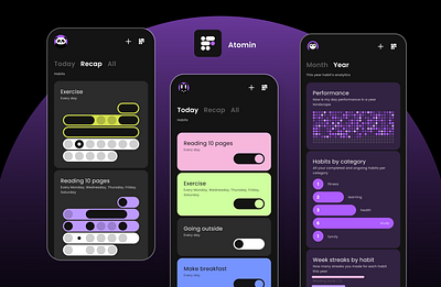 Habit Tracker Atomin app app design clean dark mode dashbord design system flat flutter gamification habit ios mobile mobile app mobile ui onboarding real project screen ui ui ui design ux