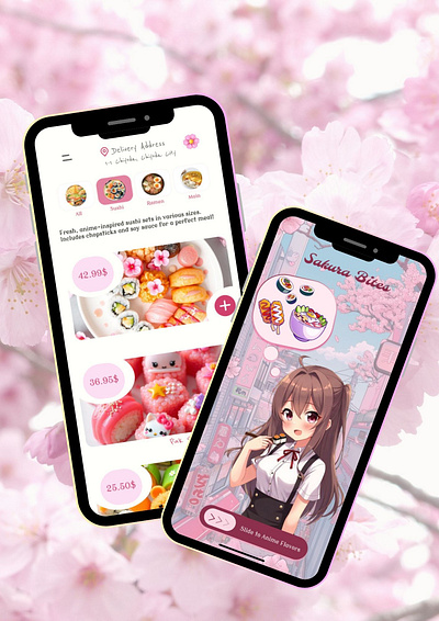 Sakura Bites / Food App ai anime app deliveryapp design figma foodapp mobile mystyle mywork ordersushi practice sushi ui ux