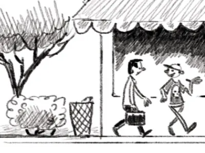 Panel 1 background awning shrub stumpy pencil trash can trees walking