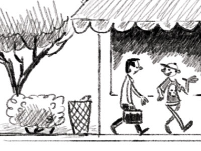 Panel 1 background awning shrub stumpy pencil trash can trees walking