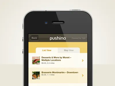 Pushino Wide Deals app arrow button deals iphone list map screen tab yellow
