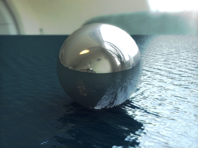 Floating Sphere Experiment 3d ball chrome marble plant shiny sun water waves window