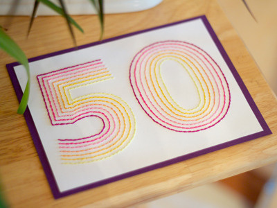 Happy 50th birthday card embroider hand made stitch type typography