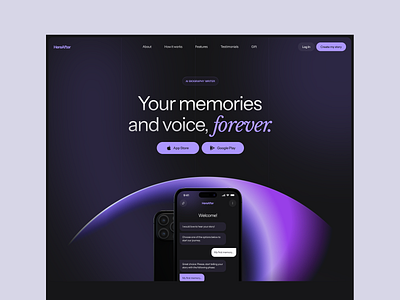 hereafter ai dark landing page ai app dark desktop download gradient landing promo purple ui webpage