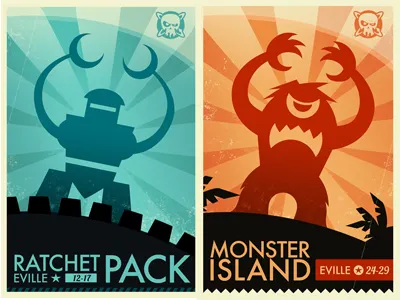 Ratchet and Monster Island Posters blue game art island monster orange poster robot vintage inspired