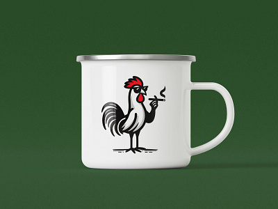 Smoking Chicken - Enamel Mug, Cup, Coffee branding chicken coffee coffee cup combination logo cup enamel mug enamelled hand drawn art illustration illustrative design initial logo minimalist modern modern logo mug mug design rooster smoking vintage design