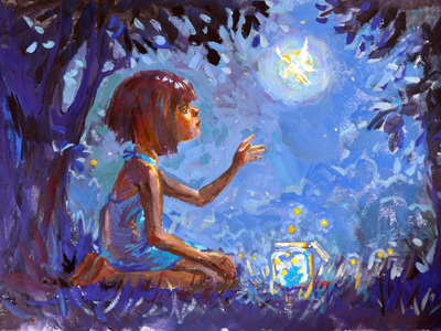 Firefly anime fairy firefly girl glass jar night painting star