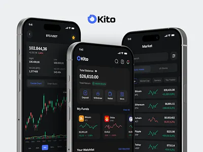 Okito – Crypto & Stock Investment App 🚀 analytics bank bitcoin blockchain crypto dark ewallet finance financial investment money statistic stock ui