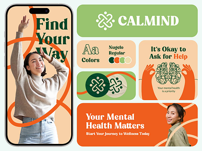 Calmind - Mental Health Branding animation brand brand design brand identity branding branding ideas design fun graphic design green logo logo design logo motion mental health modern motion graphic motion graphics orange startup vektora